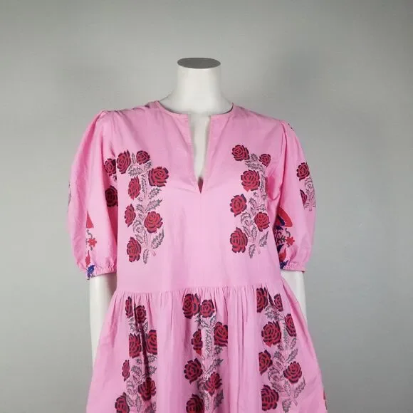 Oliphant Tuckernuck Boca Pink Puff Sleeve Midi Cotton Block Print Dress Size S - Picture 5 of 15